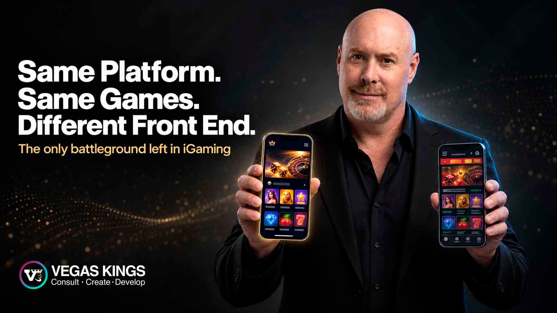 Vegas Kings founder Moshe Adir holding two phones with casino interfaces
