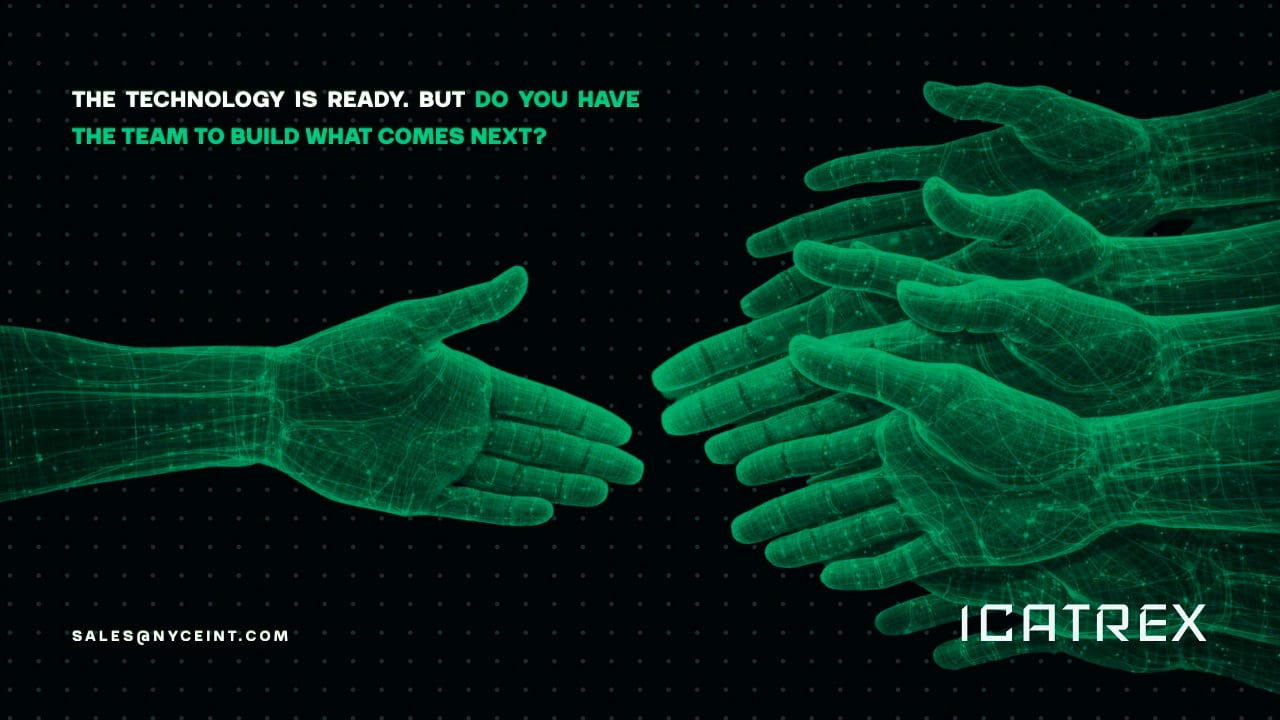 ICATREX technical talent graphic showing digital hands reaching towards one another